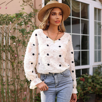 LOVECCR New New Product popular Autumn 2025 Women's Top Chiffon Pullover Long Sleeve V-Neck Polka Dot Shirt