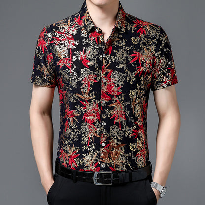 Middle-Aged Men's Summer Short Sleeve Printed Shirt Loose Non-Ironing Casual Half Sleeve Ice Silk Shirt Bronzing Thin Top Fashion