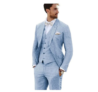 LOVECCR   Men's Linen Slim Fit Suit Wedding Western Slim Fit 3 Piece Set Groom Swallowtail Best Men's Prom Suit