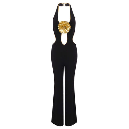 LOVECCR popular autumn and winter new neck-hanging sexy trousers 2025 New women's jumpsuit golden flower sleeveless backless