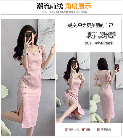 LOVECCR  Improved Cheongsam Dress Women  Summer New Retro Gentle and Stylish Girl Goddess Temperament Slit Midi Skirt