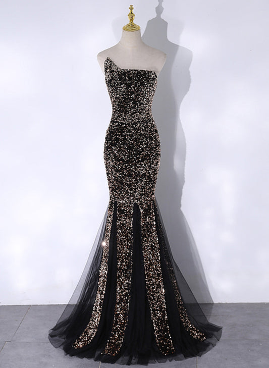 LOVECCRBlack Mermaid Sequins Long Prom Dress, Black Evening Dress Party Dress