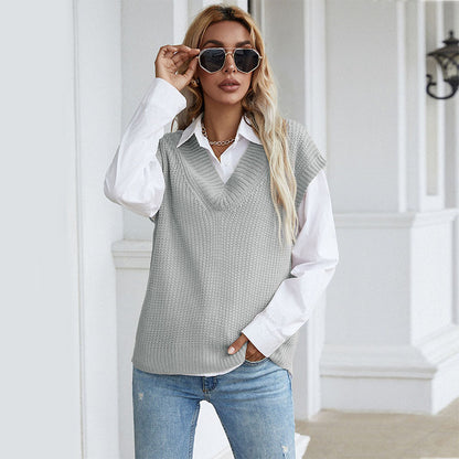 LOVECCR Hot  new autumn solid color v-neck knitted sweater commuter sleeveless vest vest 2025 V-neck top