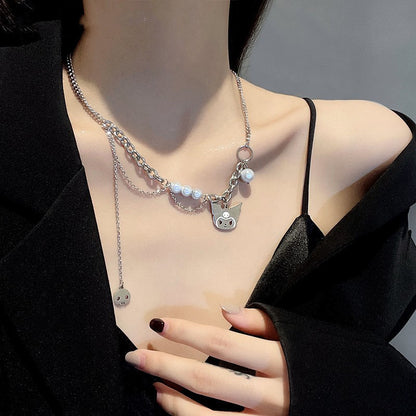 YH Sweet Cool Ins Clow Pearl Beige Necklace Female Student Stitching Reflective Personality Clavicle Chain Fashion All-Match Necklace