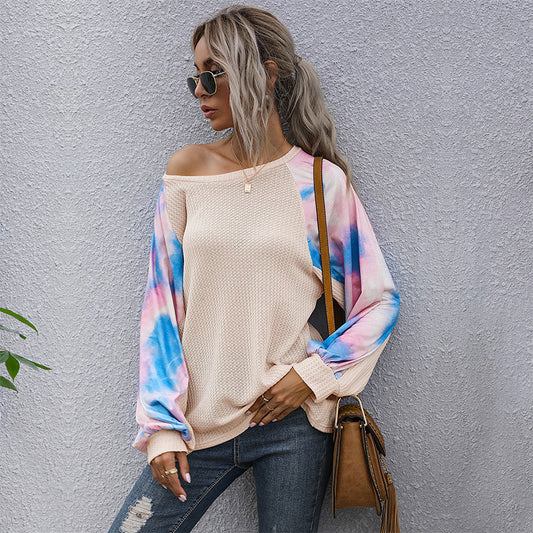 LOVECCR New Popular, 2025 and popular new waffle bottoming long-sleeved shirt tie-dye round neck splicing pullover T-shirt women