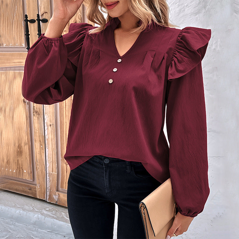 LOVECCR New  2025 commuter women's clothing Hot early autumn new ruffle edge long-sleeved design shirt