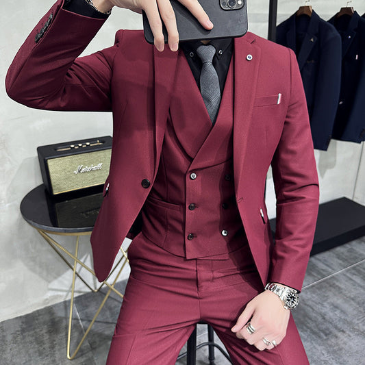 LOVECCR   Spring  Men's Wine Red Suit Three-Piece Slim Cross-Border Suit Suit Wedding Best Man Dress