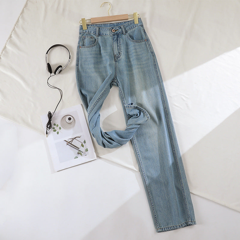 Light Color High Quality Retro Lyocell Jeans Women's Summer Thin High Waist Drooping Mop Loose Ice Silk Straight-Leg Pants