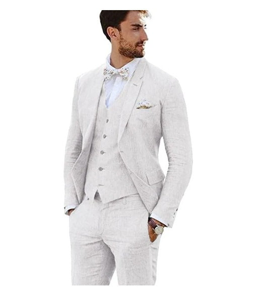 LOVECCR   Men's Linen Slim Fit Suit Wedding Western Slim Fit 3 Piece Set Groom Swallowtail Best Men's Prom Suit