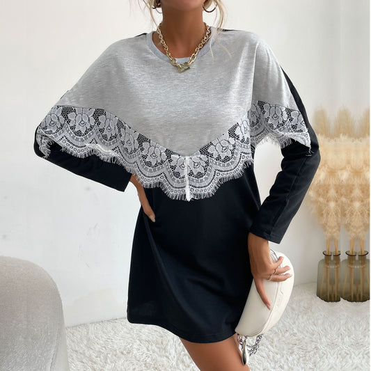 LOVECCR New  2023 Autumn New Crew Neck Pullover Lace Splicing Contrasting Color Medium and Long Sweater Women