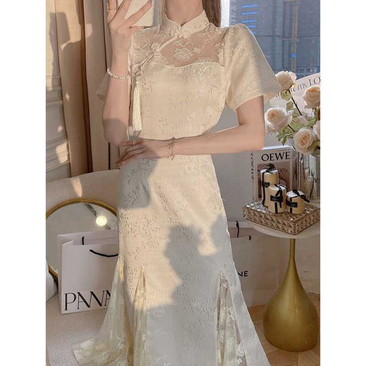 LOVECCR  Tall Lengthened Cheongsam Dress Women's Fishtail Style Summer New Chinese Style Improved Maxi Skirt Direct Sales