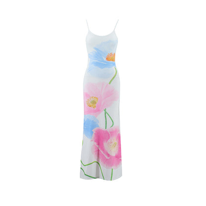 LOVECCR 2025 ins style summer new women's clothing suspender U-neck backless slim-fitting flower printing long A-shaped dress dress