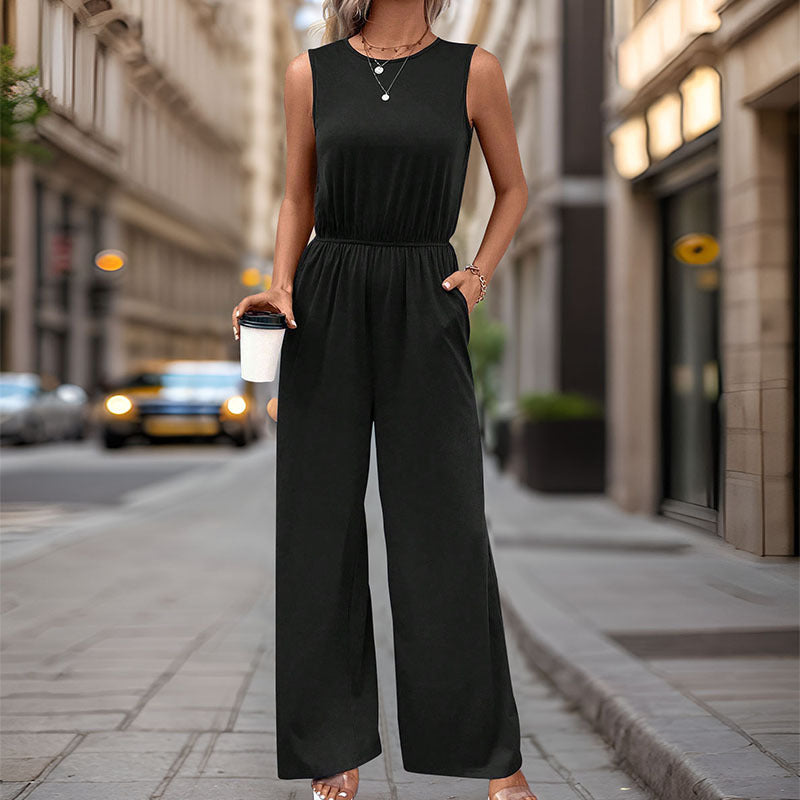 LOVECCR 2025  women's clothing sleeveless simple commuter jumpsuit high-waisted elastic-waisted jumpsuit straight-leg trousers