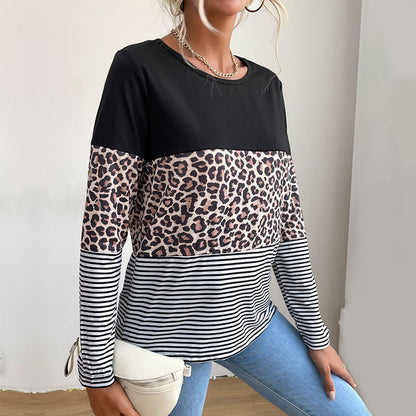 LOVECCR Popular trade popular autumn 2025 contrasting color pullover top round neck street leopard print splicing bottoming T-shirt women