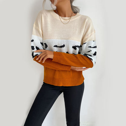 LOVECCR New Popular trade popular autumn new 2025 women's clothing long-sleeved leopard print contrasting knitted sweater color matching