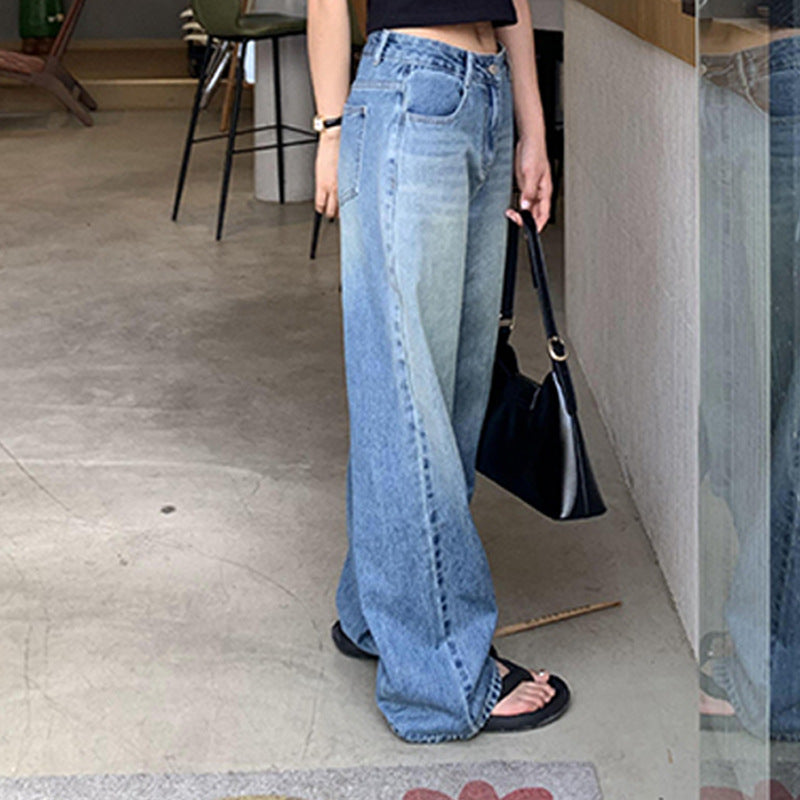 Retro Washed Loose Jeans Women's Autumn New Loose Slimming and Straight Casual Mop Wide Leg Pants Generation Hair