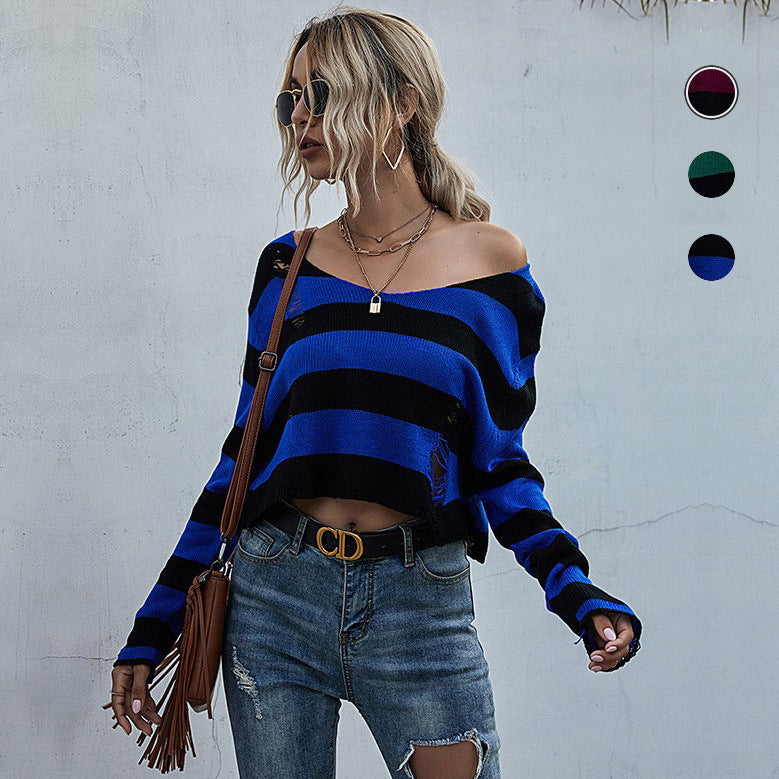 LOVECCR Strictly selected early autumn  New fashion women's clothing striped v-neck loose short ripped sweater open navel knitted sweater