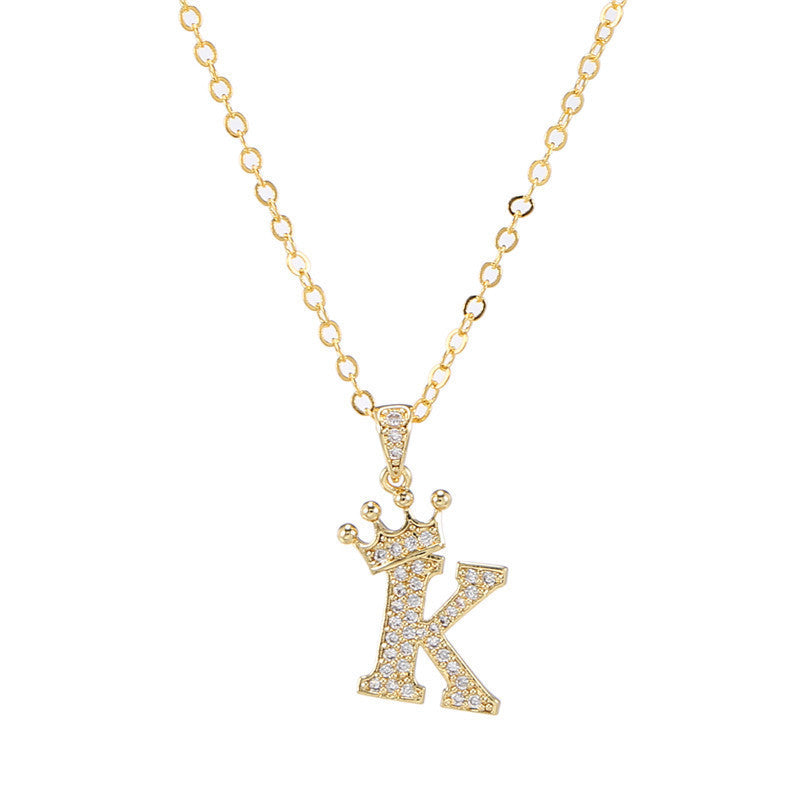 New Fashion Copper Inlaid Zircon Crown English Letter Personality Pendant Simple Women's Necklace Necklace Jewelry Manufacturer