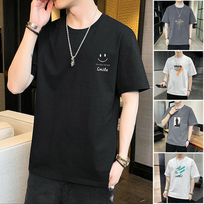 New Men's Short Sleeve T-shirt Men's New Student Cotton T-shirt Summer round Neck Half Sleeve Youth Undershirt Ins Fashion Brand