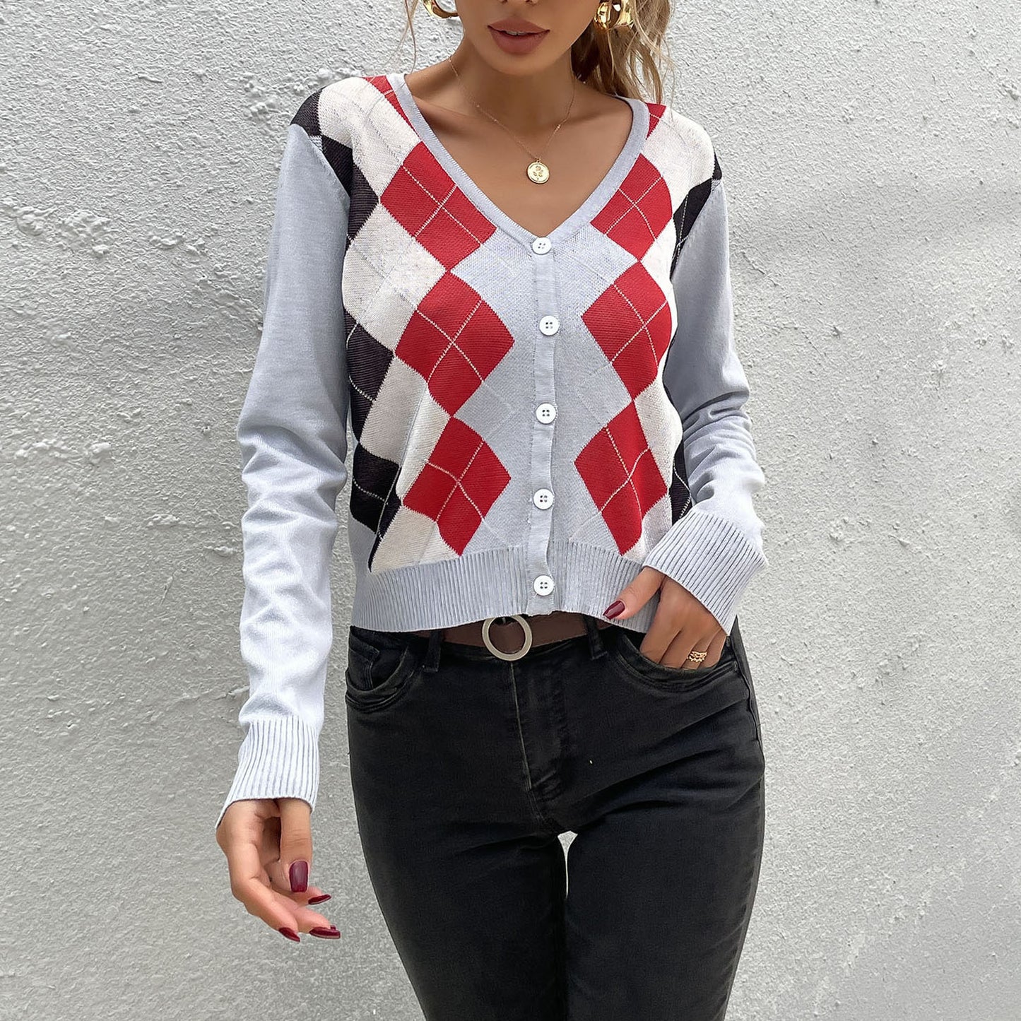 LOVECCR popular autumn new New 2025 college rhombus v-neck sweater slim-fitting knitted cardigan women's long-sleeved top