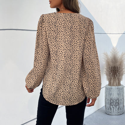 LOVECCR Cross-border  popular spring and summer Popular trade 2025 commuter tops long-sleeved V-neck leopard print design shirts women