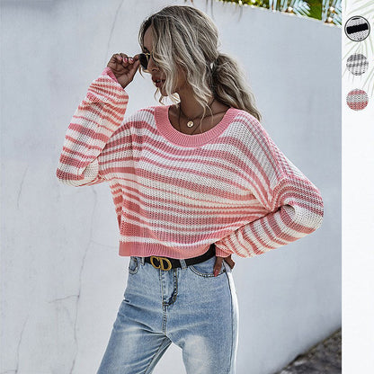 LOVECCR popular popular autumn and winter hot sale crew neck knitted short striped contrasting sweater women's 2025 jumper women