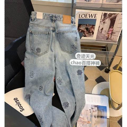 2024 Spring and Summer New Embroidery Jeans Women's High Waist Design Sense Niche Light Blue Straight-Leg Pants Children's Delivery