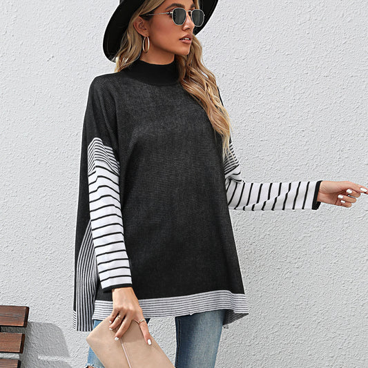 LOVECCR Hot new 2025 autumn and winter foreign trade women's clothing bat sleeve striped semi-turtleneck sweater Middle East knitted sweater