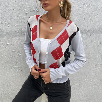 LOVECCR popular autumn new New 2025 college rhombus v-neck sweater slim-fitting knitted cardigan women's long-sleeved top