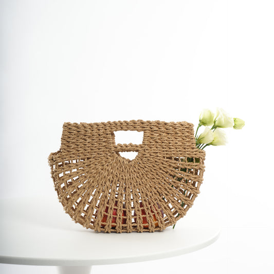 loveccr New Straw Popular Handmade Woven Hollowed Semicircle Portable Flower Basket Tote Bag