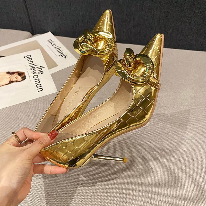 loveccr  Gold High Heels Women's HOTan and NEWn Style Pointed Toe Patent Leather Low-Cut  Spring and Autumn New Chain Sexy Stiletto Heel Pumps Fashion