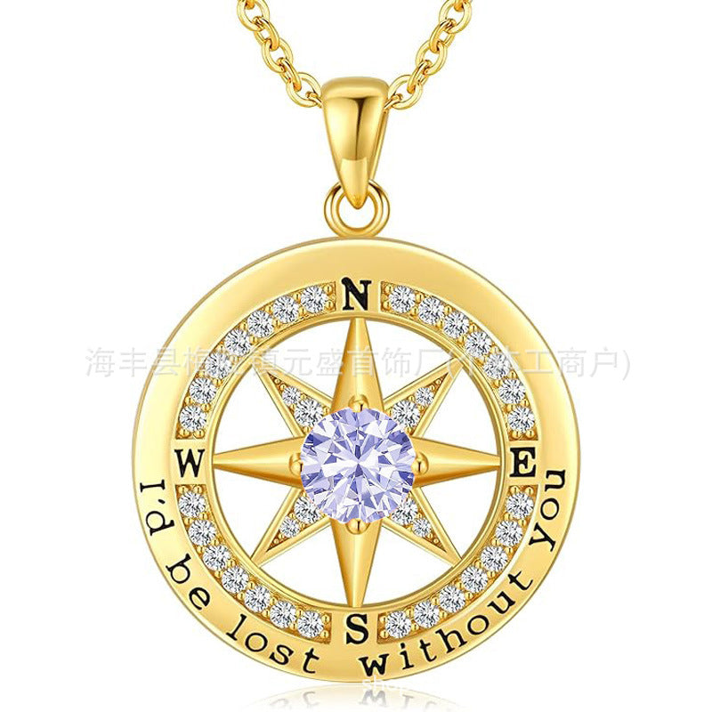 HOT and NEW Cross Border S925 Sterling Silver Compass Compass Necklace Female Twelve Birthstone  Pendant Clavicle Chain