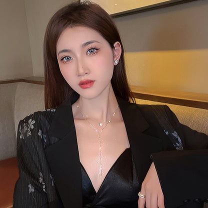 High-End Long Y-Shaped Tassel Rhinestone Necklace for Women Special Interest Light Luxury Double-Layer Sexy Clavicle Chain Exquisite Necklace Trendy