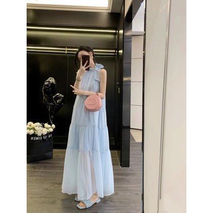Star Zhang Bichen Wht Same Blue Bow Halter Spaghetti Straps Dress Summer Dress Seaside Vacation Skirt