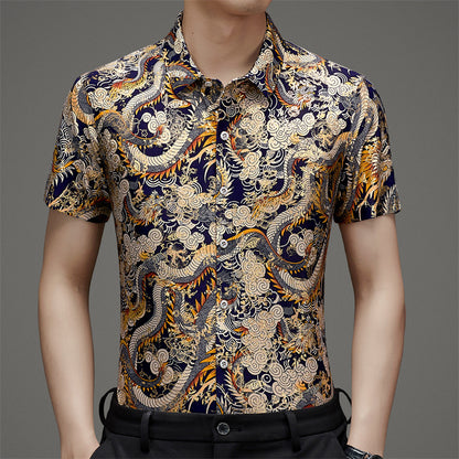 Middle-Aged Men's Summer Short Sleeve Printed Shirt Loose Non-Ironing Casual Half Sleeve Ice Silk Shirt Bronzing Thin Top Fashion