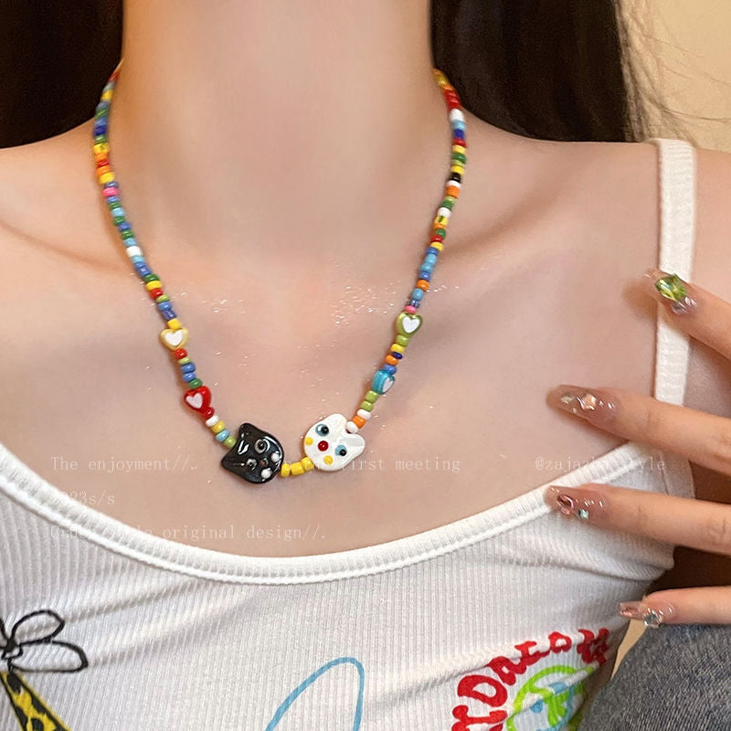 LOVECCR INS Dopamine Color Beaded Necklace  New Fashion All-Match Special-Interest Design High Sense Necklace