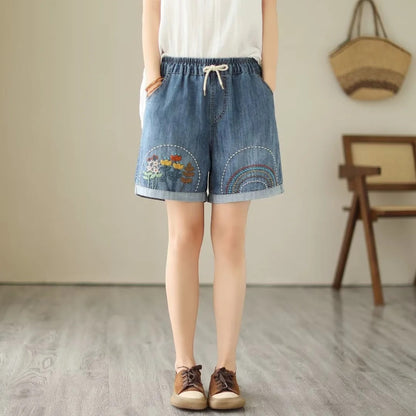 Japanese Style Denim Shorts Women's Summer Thin Loose Slimming Retro Casual Embroidered Shorts Wide Leg Pants