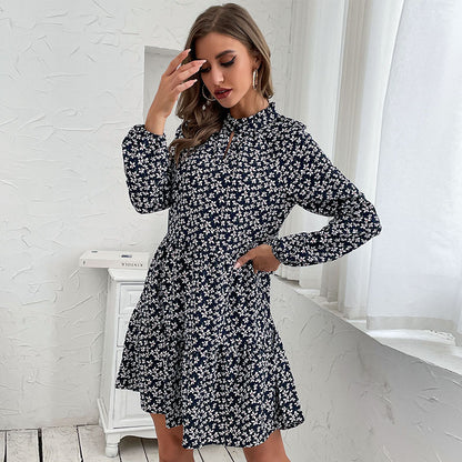 LOVECCR  Hot autumn new women's clothing round neck buttons retro floral long-sleeved dress wholesale