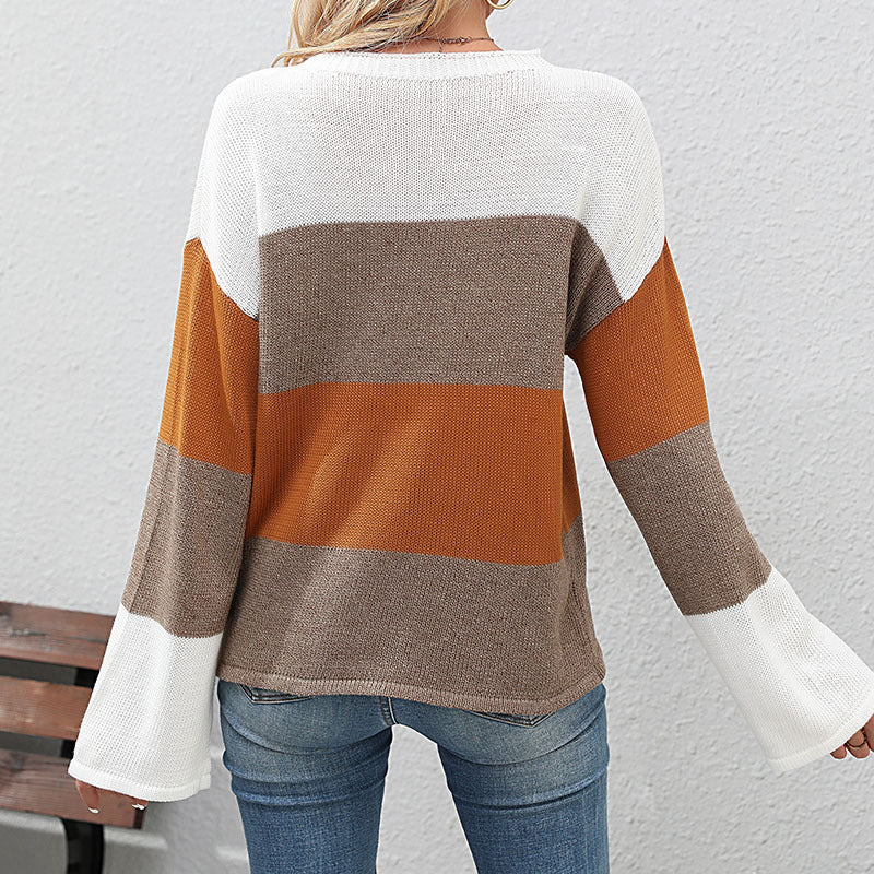 LOVECCR   Hot autumn and winter new casual 2025 women's clothing crew neck striped color matching loose knitted sweater