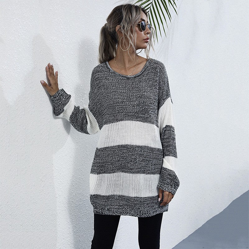 LOVECCR 2025 new New Popular trade striped color matching crew neck knitted sweater medium and long loose lazy sweater autumn and winter women's clothing