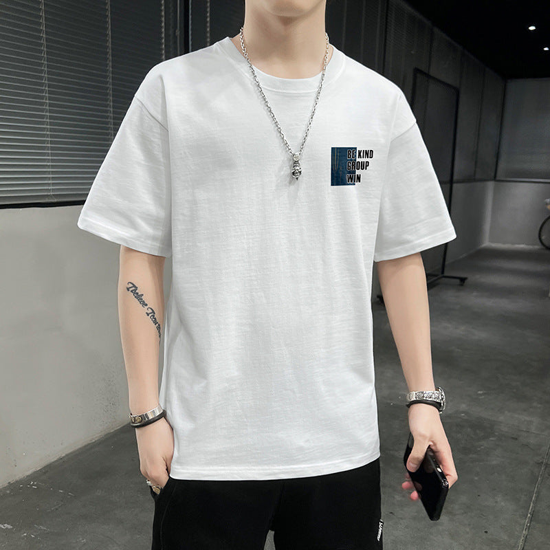 New Men's Short Sleeve T-shirt Men's New Student Cotton T-shirt Summer round Neck Half Sleeve Youth Undershirt Ins Fashion Brand