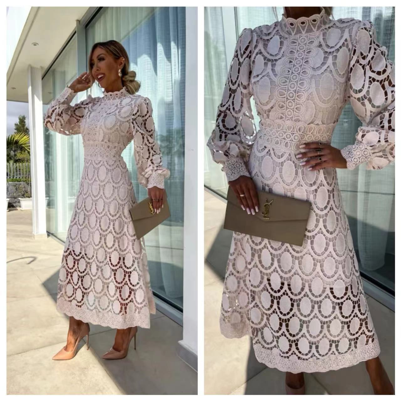 Spring New  Style Lace Stand Collar Puff Sleeve Waist Slimming Dress Graceful European and American Long Dress