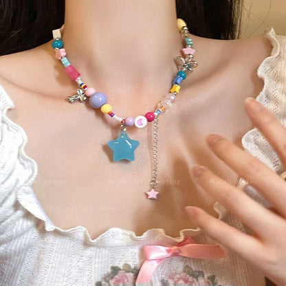 LOVECCR INS Dopamine Color Beaded Necklace  New Fashion All-Match Special-Interest Design High Sense Necklace