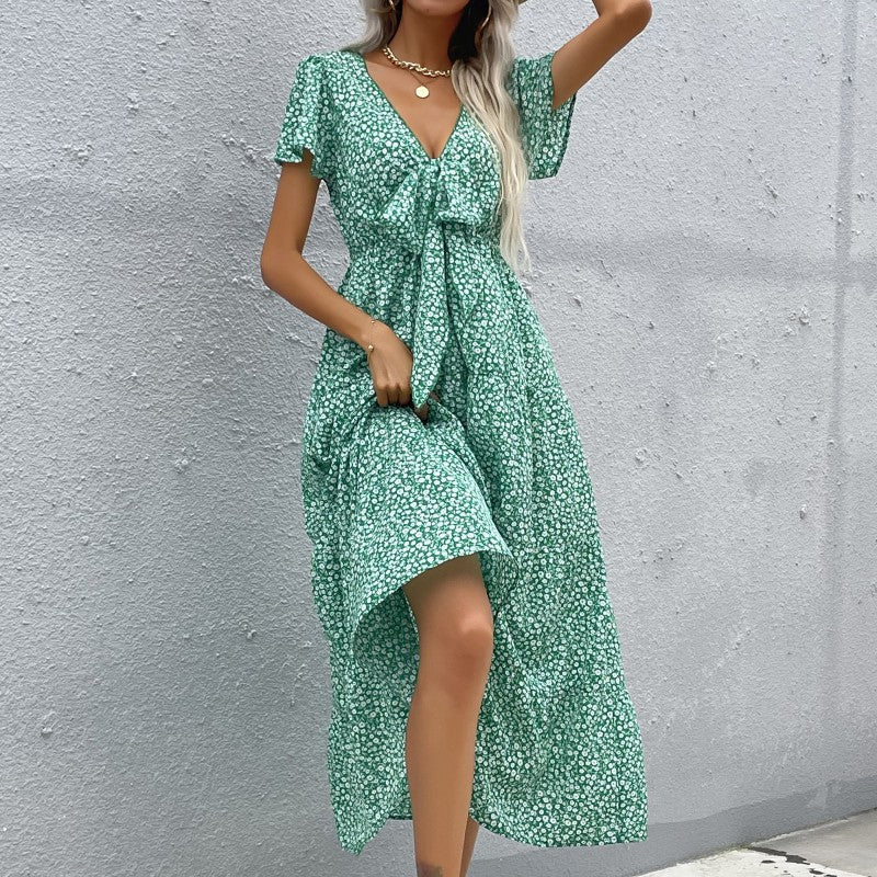 LOVECCR Hot spring and summer    new women's clothing lotus leaf sleeve bow v-neck floral dress women