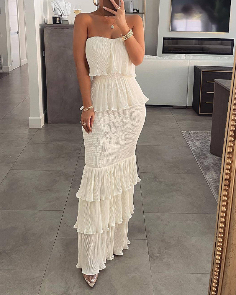 LOVECCR European and American  New High-End Temperament Solid Color Sexy Slim Women's Tube Top Smocking Pleated Ruffled Long Dress