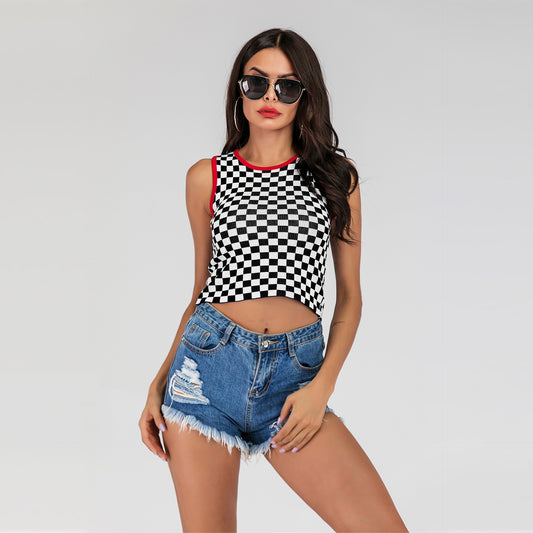 LOVECCR 2025 New  short open-navel slim-fitting sleeveless vest checkerboard knitted bottoming tank top women