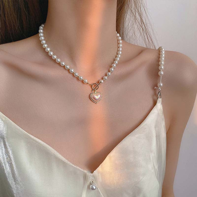 Japanese and Korean New Fairy Temperamental Imitation Pearl Love Necklace Ins Cold Style Sweet and Simple OT Buckle Clavicle Chain