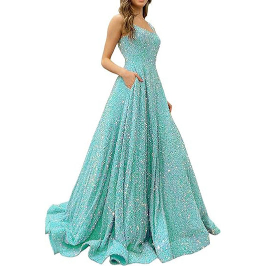 LOVECCR Foreign Trade  Prom Dresses Long A- line Formal Evening Gown with Pockets Side Slit Glitter Party Dress