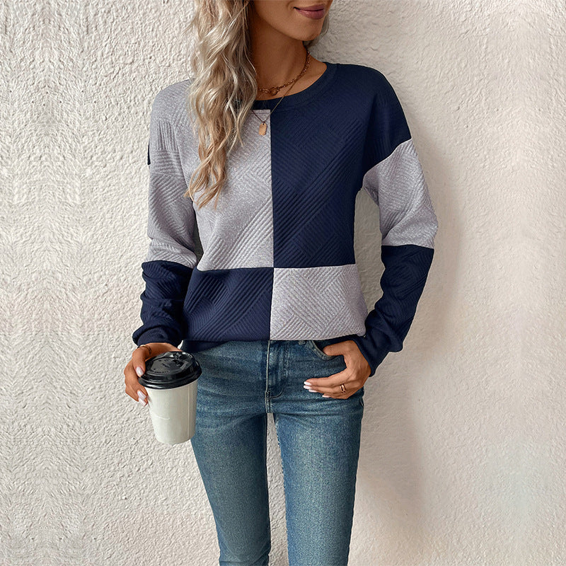 LOVECCR 2025 women's clothing Hot autumn new  long-sleeved color matching pullover round neck texture sweater women's models