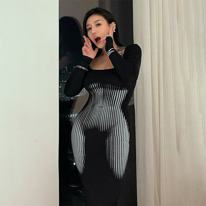 LOVECCR Q23ds586  Cross Border Autumn New Square Collar Pullover Long Sleeve High Waist Sheath Fishtail Dress Wholesale Women